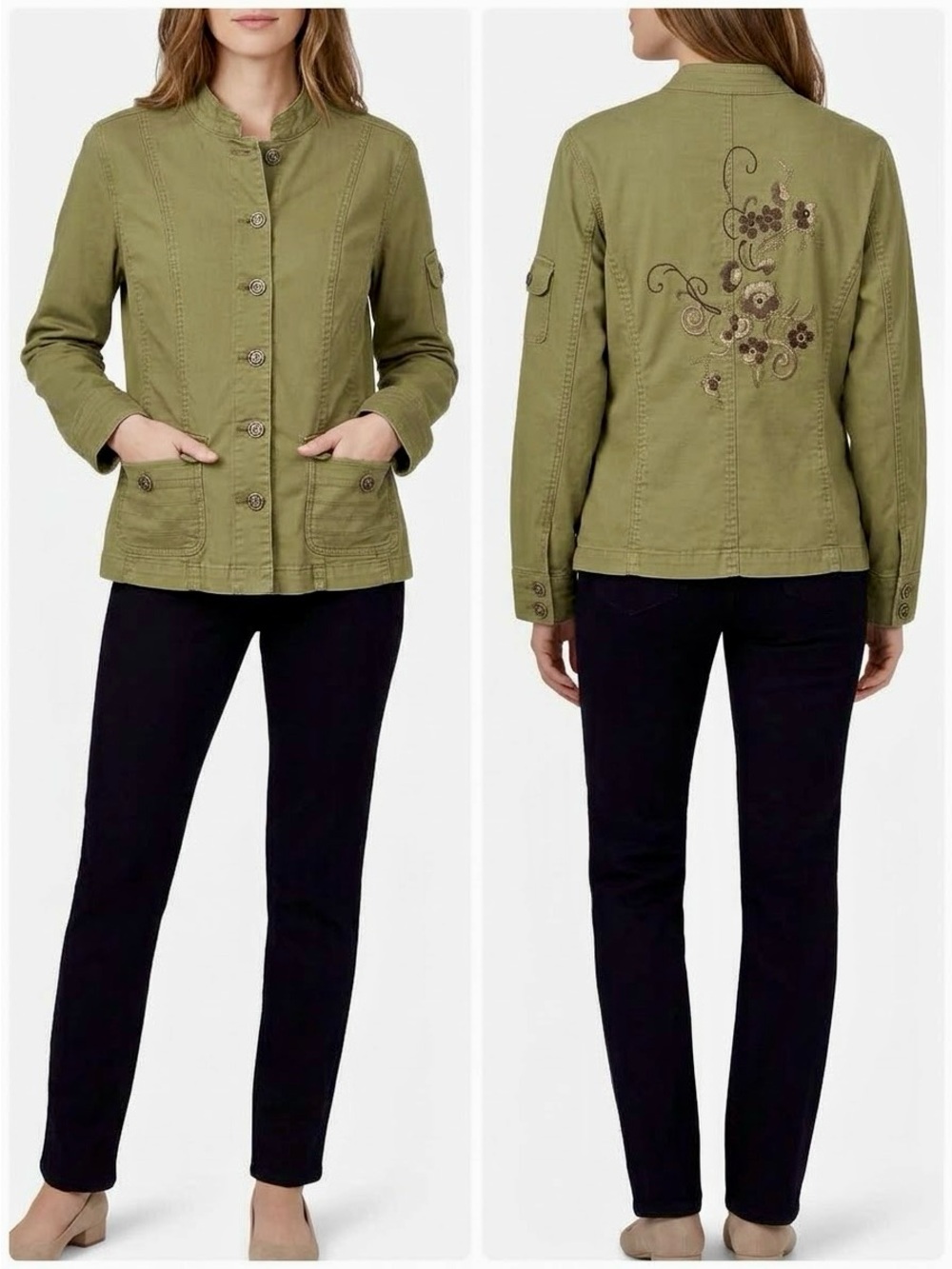CHICO’S Olive Green Embroidered Utility Jacket — #LHP